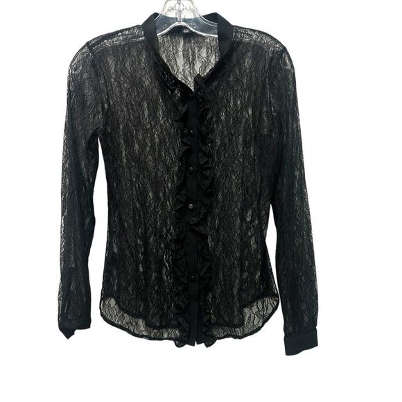 Anne Taylor Black Lace Blouse XS Ruffle Edwardian Sheer‎ Fairy Grunge Whimsygoth - Picture 1 of 9